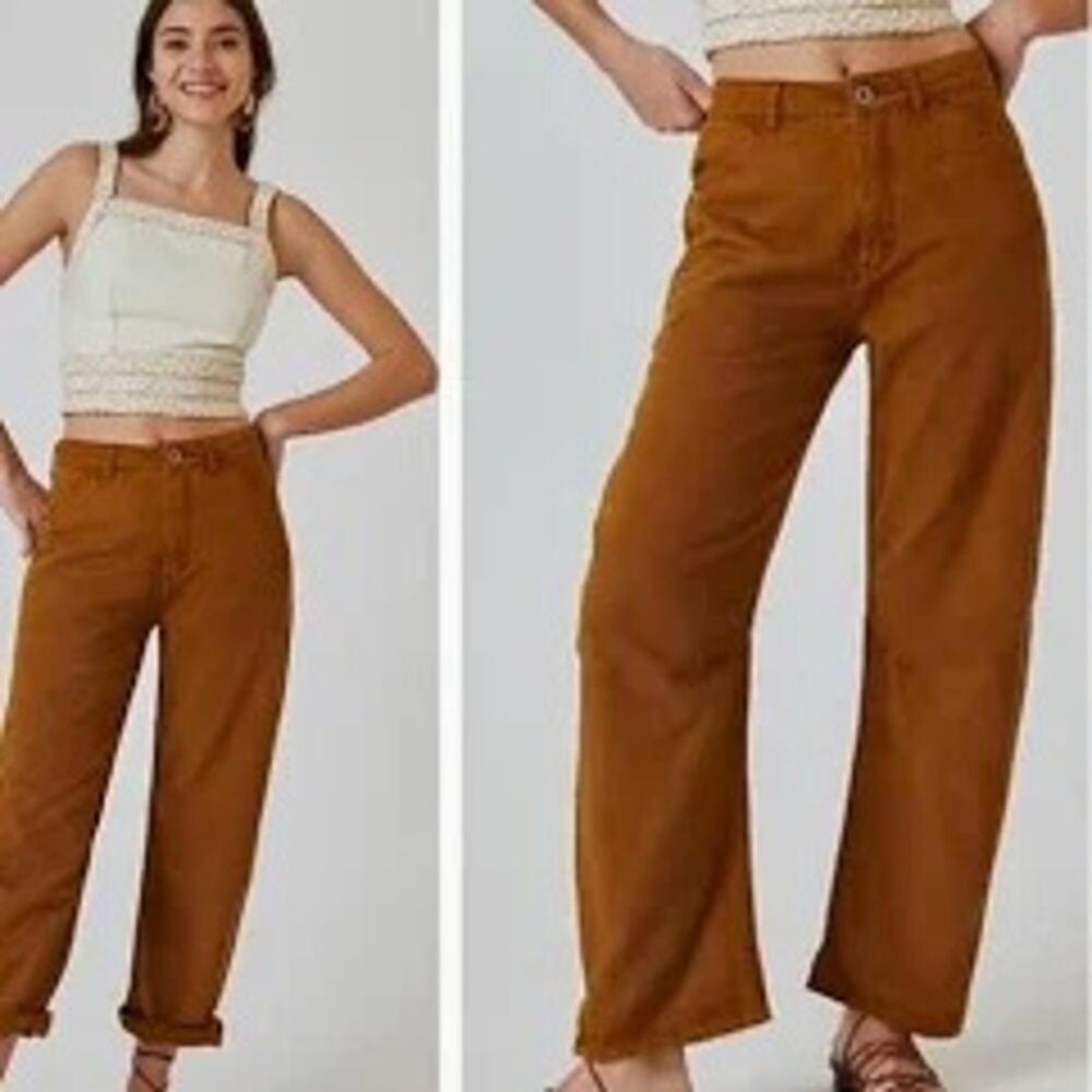 Pilcro Women The Bow Boyfriend Barrel Leg Pants Brown High Rise Trousers 25
